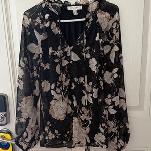 Black Floral Sheer Long-Sleeve Blouse